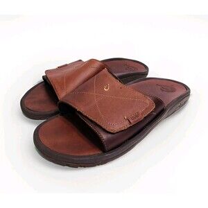 OluKai Ohana Slides Sandals Brown Leather Men's Size 14 Adjustable